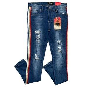 City ink skinny jeans distressed red gold side stripe size 9 NWT